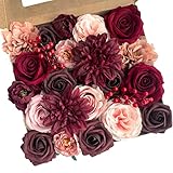 Roses Artificial Flowers Burgundy Silk Dahlia Bulk for DIY Wedding Bouquets Bridal Shower Decorations Fake Floral Arrangements Faux Flower Centerpieces for Table Home Decor Indoor Red Mauve Box 23pcs