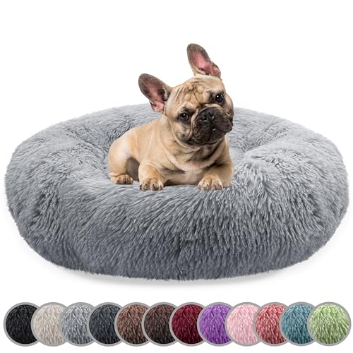 bluzelle Hundebett für Mittelgroße Hunde, 70cm Hundekissen Rund Donut Kissen Hundekorb Flauschig Plüsch, Ergonomisch Bezug Waschbar rutschfest Weich Kunstfell, Farbe:Hellgrau