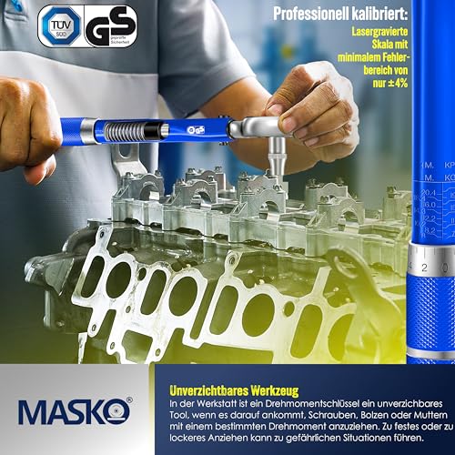 MASKO® Drehmomentschlüssel 6tlg. Set 40-210Nm 1/2' CV inkl. 3 Stecknüsse 17mm 19mm 21mm...