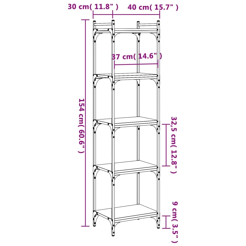 Librería de 5 baldas de roble ahumado, 40 x 30 x 154 cm, material de madera, estructura de metal, estantería estrecha con patas ajustables para salón, cocina, balcón