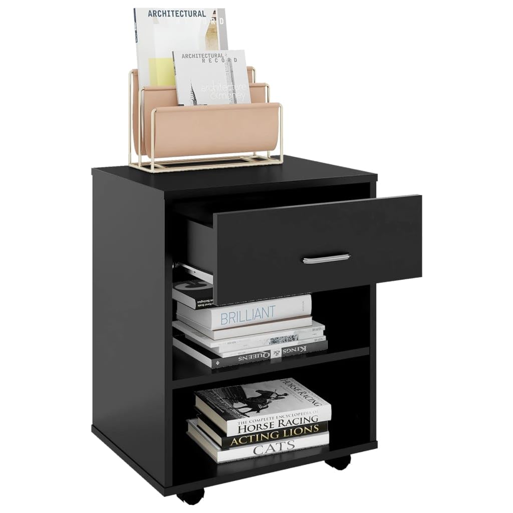 Cassettiera nera 46 x 36 x 59 cm, mobile per stampante in legno, armadio flessibile con 4 ruote, per casa e ufficio
