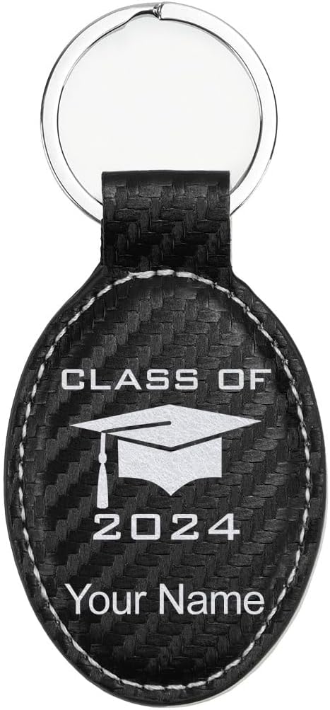 LaserGram Oval Keychain, Grad Cap Class of 2024, 2025, 2026, 2027, Personalized Engraving Included (Carbon Fiber Black with Silver)