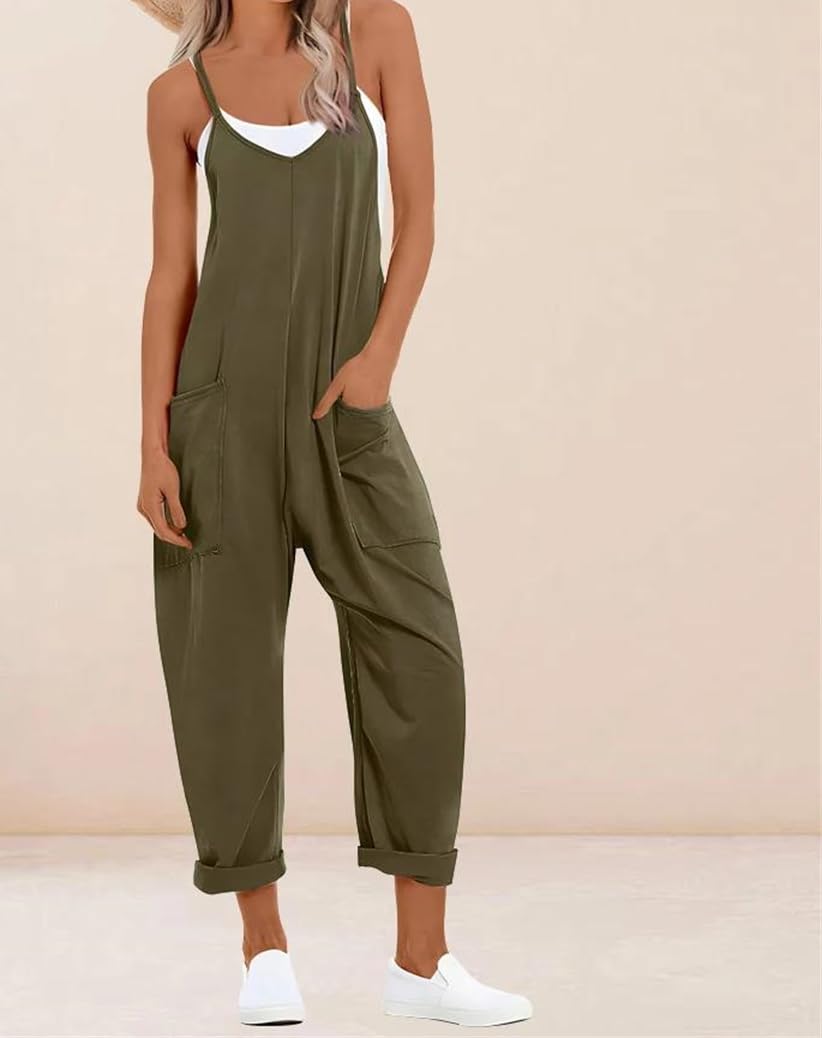 Yeuyyben Overol para mujer, talla grande, sin mangas, cuello en V, pierna ancha, informal, holgado, con bolsillo, para verano, uso diario