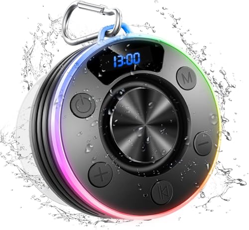 Dyurwa Wasserdichter Bluetooth Duschlautsprecher mit Zeitanzeige IPX7 Waterproof Shower Speaker Starker Bass Saugnapf & Hakenclip Freisprecheinrichtung Musikbox für Badezimmer Hochwertige