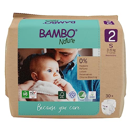 Bambo Nature Premium Eco Nappies, Size 2 (7-13lb/3-6kg), Mini, 30PK, Eco-Labelled Sustainable Nappy, Enhanced Leakage Protection, Secure and Comfortable Baby Nappies