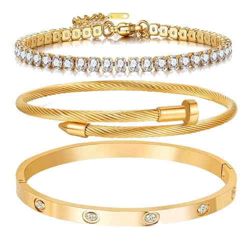 Azonee 3 Pcs 18 K Gold Plated Love Bangle Bracelet Set Flexible Wide Wristband Bangle Bangle Set for Love