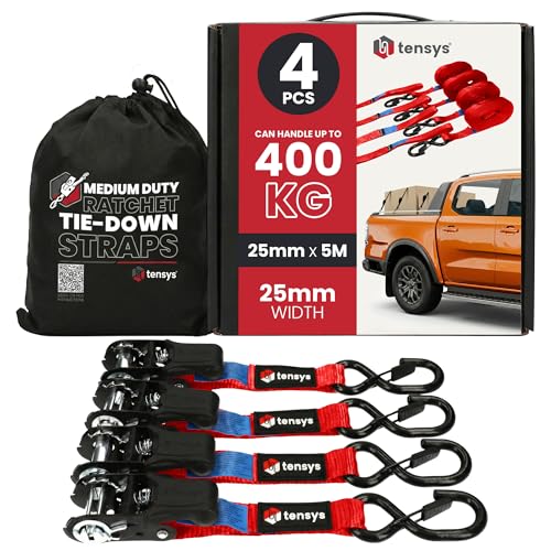 TENSYS Ratchet Tie Down Straps - 800kg Max Break Force Heavy Duty Ratchet Straps with Padded Handle, 0.38m Soft Loops, Coated "S" Hooks for Securing Cargo, Roof Racks, Luggage, 25mm x 5m, Red, 4 Pack