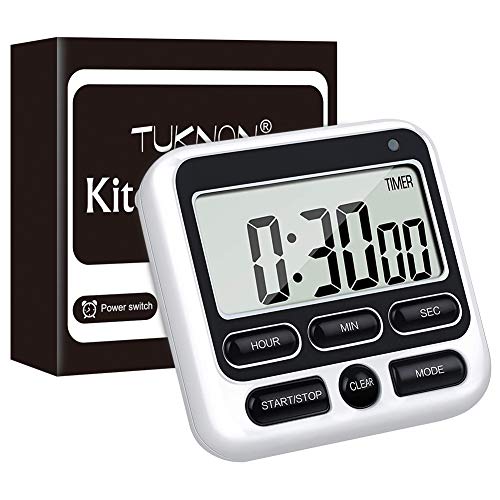 Timer da cucina multifunzionale con ampio display LCD a grandi cifre, Digitale Contaminuti da Cucina Cronometro Digitale con Funzione Orologio, Sveglia