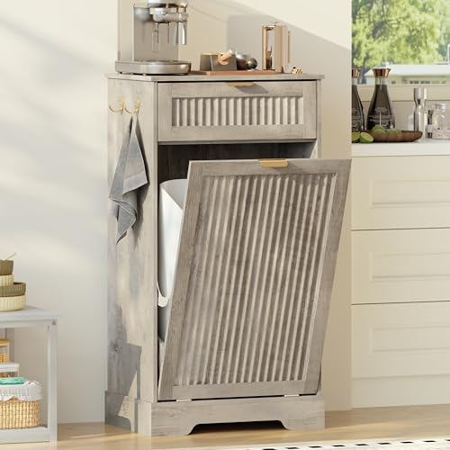 Image of Single 13 Gallon Tilt Out Trash Can Cabinet,Garbage Cabinet with Drawer | Hidden Garbage Storage with Fluted Design, Drawer & Hooks for Kitchen, Dining Room and Small Space Organization,Wood Grey