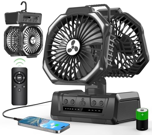 Dual Head Portable Rechargeable Fan 20000mAh Battery Powered Fan Camping Cordless with 360° Air Delivery, LED Lantern & Remote, Auto Oscillation, Battery Operated for Tent Office Travel Picnic Jobsite