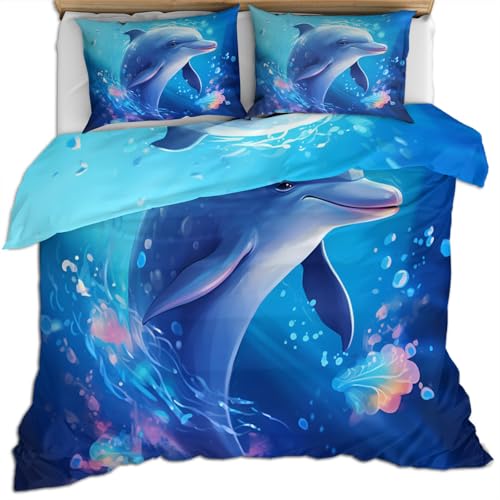 RUHEYIA Dolphins Duvet Cover Twin Marine Animals Bedding Set Bubble Dolphin 3 Piece with Zipper Closure for Kids and Adults, Comforter Cover with 2 Pillow Shams for Bedroom Bed Decor