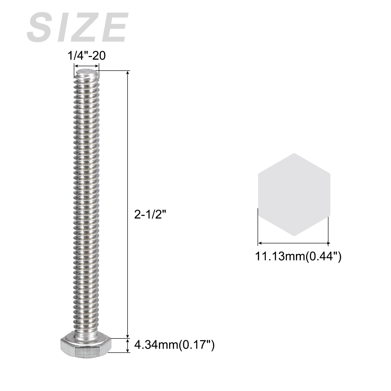 METALLIXITY Hex Head Bolts (1/4-20 x 2-1/2") 8Pcs, 304 Stainless Steel 18-8, Fully Threaded, External Hex Drive, Plain Finish - Image 2