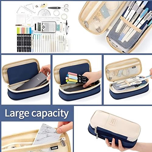 Image of Large Capacity Pencil Case Pouch, Cute Aesthetic Big Capacity Zipper Cases Pen Portable Office Stationery Makeup Bag, Desk Organizer for College Adults Women Men (Blue)
