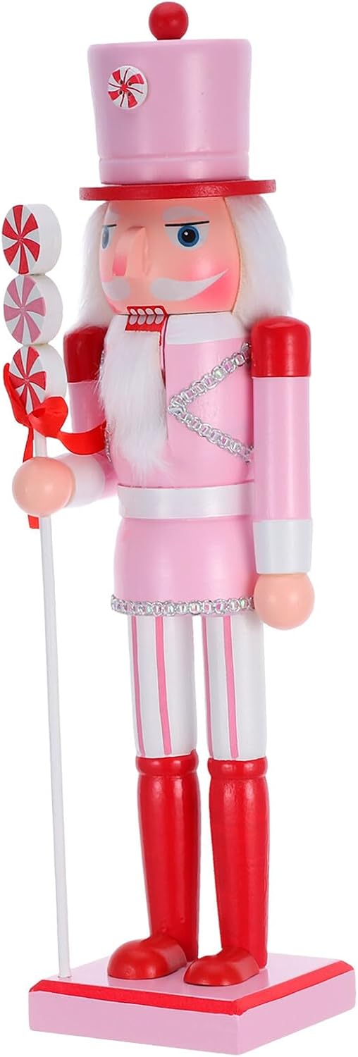 Pink Lollipop Nutcracker Soldier Figurine Wooden Christmas Nutcracker Ornament Candy Theme Tabletop Decoration for Holiday Shelves and Home