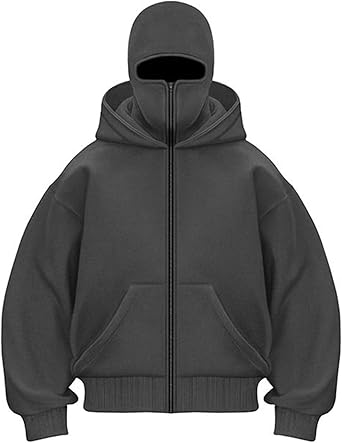 PADOLA Balaclava Zip Hoodie voor heren, Ninja capuchon met stormkap, oversized masker jas met dubbele capuchon, Y2K hoodie met fleece, winddichte overgangsjas voor motor en fiets, 3 lichtgrijs., M