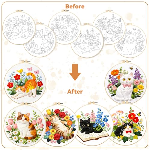 Image of BEUNITONE 6 Set Cat and Flowers Embroidery Kit for Adults Beginners, Pre-Stamped Pattern Needlepoint Kits with Hoop, Tools, Instruction, Hand Embroidery Kits for Gifts, Fabric and Home Decor 7.9x7.9
