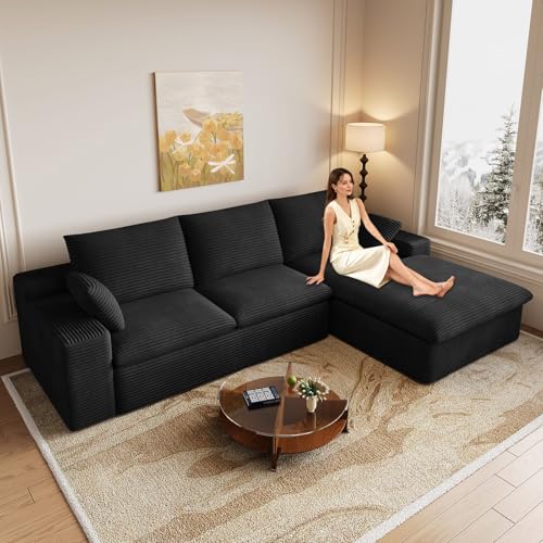 Image of 107 inch Cloud Couch Modular Sectional Sofa for Living Room, L-Shape Boneless Couch with Deep Seat, Modern Corduroy 3-Seater, No Assembly Required (Black,Right-Facing Chaise)