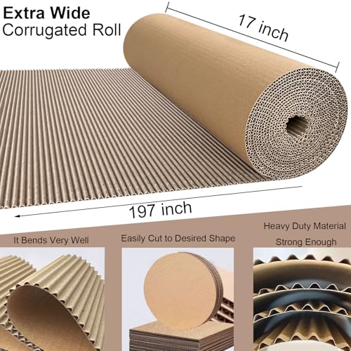 Image of SYOGUA Corrugated Cardboard Roll, 17 x 197 Inches Thicker Wider Corrugated Paper, Single Face Large Cardboard Sheets Thick Cardboard Roll for Crafts, Shipping, Mailing, Gift Packaging