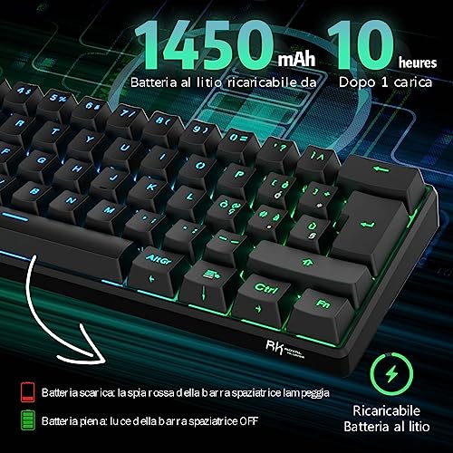 RK61 Tastiera Gaming Meccanica, 60% Tastiera Wireless 2.4Ghz/Bluetooth/USB-C RGB Backlit Interruttore Rosso Hot Swap Double-Shot Keycaps Compatibile con Win/Mac, Nero(QWERTY Layout Italiano) - Tastiera gaming - Immagine 5
