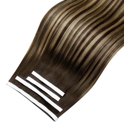 Image of LaaVoo Ombre Tape in Weft Hair Extensions Real Human Hair Tape in Weft Extensions Balayage Dark Brown Genius PU Tape on Hair Extension Human Hair 22inch 120g 4pcs
