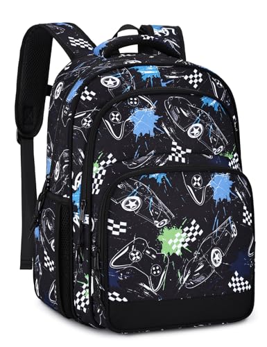 Kids Backpack 16" (17.5L),VASCHY Large Water Resistant Boy Backpack for Primary&Elementary Lightweight School Bookbag with Multiple Pockets Black & White Racer