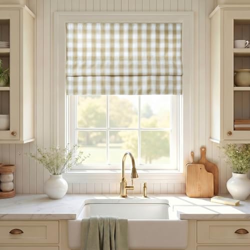 Image of TWOPAGES No Drill Cordless Buffalo Check Roman Shades Roman Blinds for Kitchen Windows, Customized Room Darkening Country Plaid Blinds Farmhouse Shades, Khaki Bordered Plaid, 1 Piece