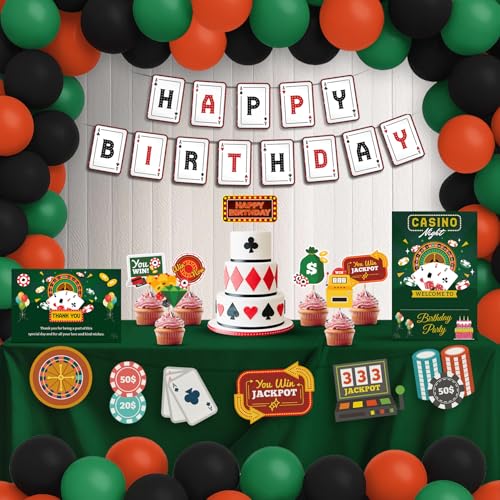 Image of Just Party Casino Theme Party Decoration - 99 pcs Happy Birthday Decoration Kit for Adults | Vegas Theme Birthday Decoration Items for Boys & Girls | Includes Balloons, Props, Banners, Cake Topper