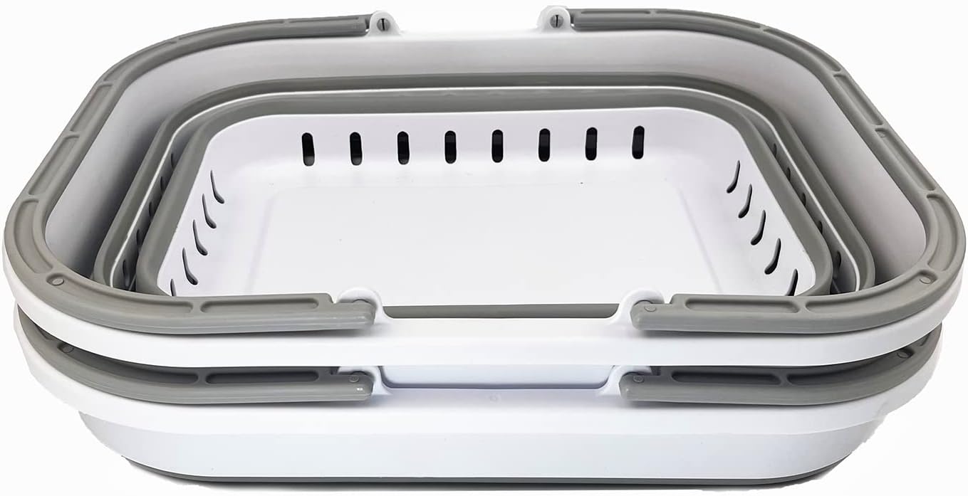 SAMMART Collapsible Plastic Laundry Basket with Handle 19L (5 Gallons) - Portable Outdoor Picnic Baskets/Crate - Foldable Storage Container for Camping and Home (White/Grey/White(Set of 2))
