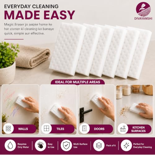 Image of Divayanshi Magic Eraser Sponge Pack of 6 | Powerful Stain Remover with Just Water | No Scratch Multi-Surface Cleaning Sponge for Kitchen, Bathroom, Walls, Shoes & Switchboards