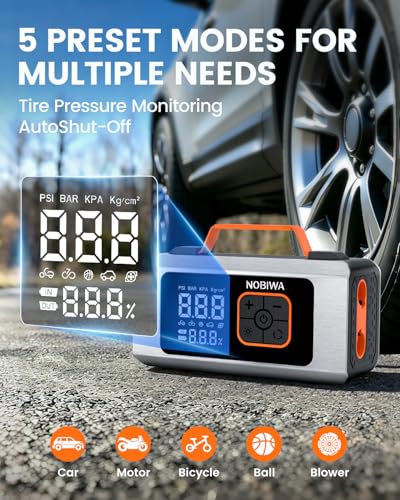 NOBIWA Tire Inflator Portable Air Compressor,150PSI,100% Duty Cycle & Dual Cylinder electric air pump,6X Faster Inflation,Small compressor for car,air mattress,bike pump portable,LED Light,power bank - image 2