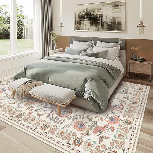 Tapete beige vintage lavable 5x7 pies miniatura 3