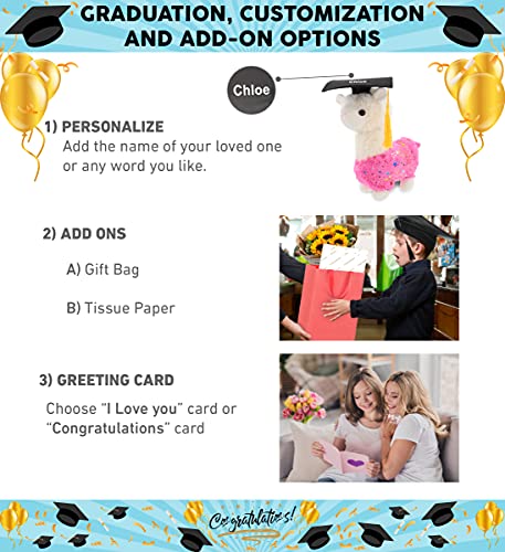 Dollibu Sparkle Llama Graduation Plush Toy - Soft Graduation Stuffed Animal Dress Up With Gown & Cap With Tassel Outfit - Gift With Personalization - 11.5" Inches #TOP1