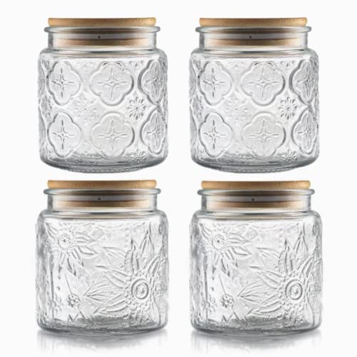Image of ANSQU Set of 4 Vintage Glass Airtight Storage Jars, 17 FL OZ Glass Storage Containers with Bamboo Lids, Canning Jar for Kitchen Counter, Pantry, Cookie, Coffee, Tea, Sugar, Cute Jars | Glass Food Storage Containers for Coffee, Tea, Sugar, Candy, Cookie, Overnight Oats Containers, Cute Jars