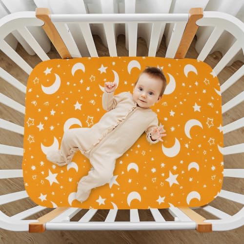 Image of Crib Sheet Breathable Soft Crib Mattress Sheet for Baby Toddler Boys Girls Fitted Pack n Play Crib Sheet Fit Standard Crib Mattress 52 x 28 Inch Orange Crescent Sun Stars
