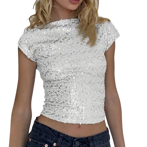 Damen-Tanktop mit Glitzer-Pailletten Pailletten Top Rückenfrei Schimmernd Camisole Top Kurzes Glitzertop Modisches Schmales T-Shirt für Damen und Mädchen Party Outfit Kostüm Karneval