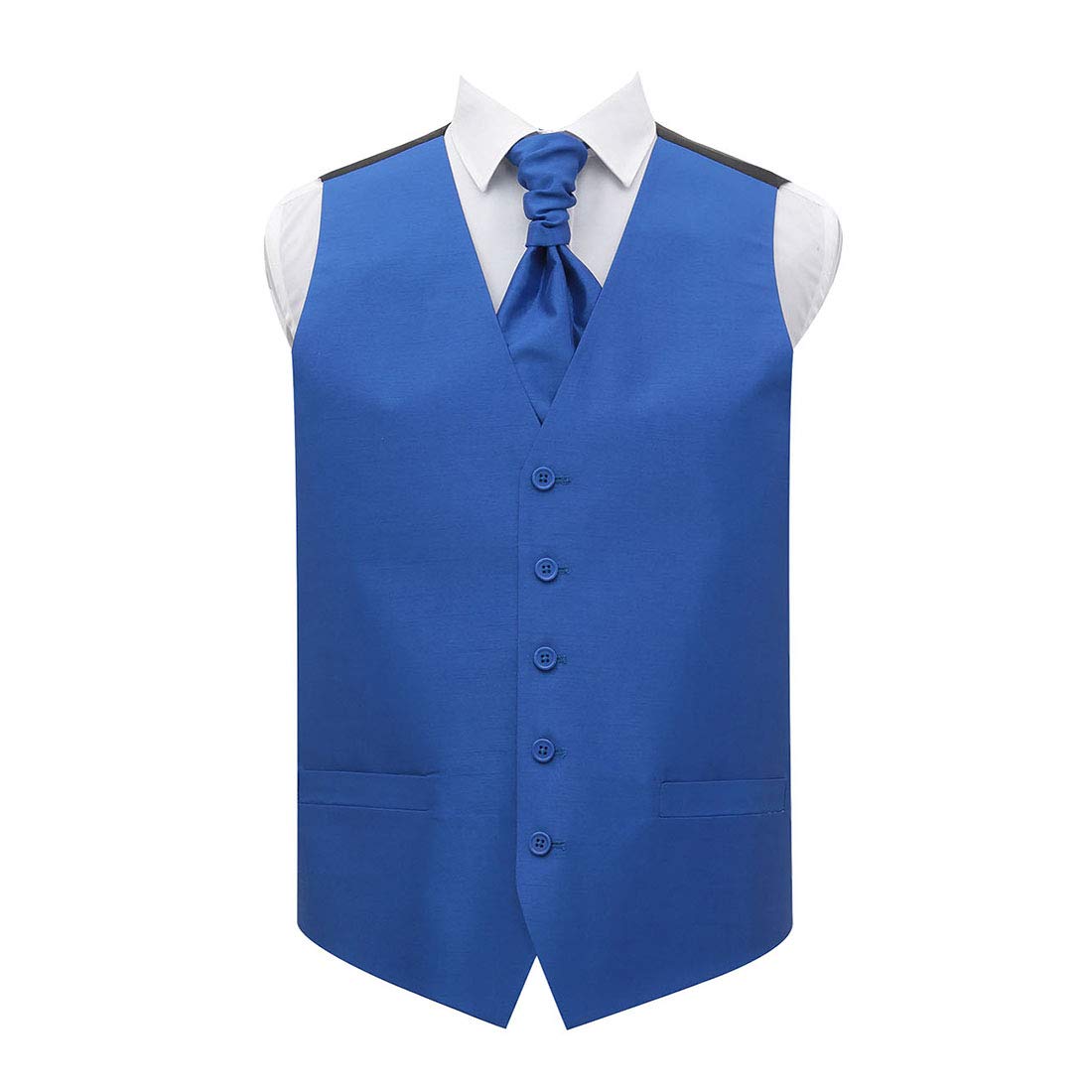 DQT Mens Plain Shantung Waistcoat Cravat Pocket Square Cufflinks & Lapel Pin Set (5pc) - Wedding, Business & Formal - Royal Blue 48" (4XL)
