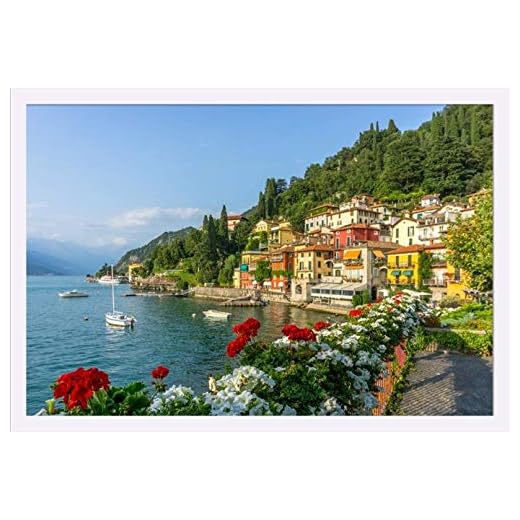 Varenna, Lake Como, Italy - Red Flowers & Colorful Coastal Buildings 9017924 (36x24 Giclee Art Print, Gallery Framed, White Wood)