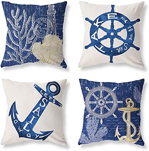 Navy Blue Nautical Throw Pillow Covers 18x18 Set of 4 White Coastal Ocean Anchors Pillow Covers Couch Decorative Outdoor Square Linen Pillow Cushion Cases for Living Room Sofa Bed Home Decor