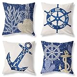 Navy Blue Nautical Throw Pillow Covers 18x18 Set of 4 White Coastal Ocean Anchors Pillow Covers Couc