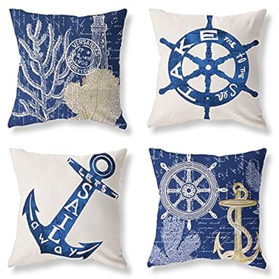 Navy Blue Nautical Throw Pillow Covers 18x18 Set of 4 White Coastal Ocean Anchors Pillow Covers Couch Decorative Outdoor… 51AmptabdCS. SS400