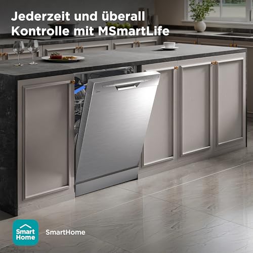 Midea Geschirrspüler 60cm Freistehend, SF 3.60N PRO Spülmaschine mit WLAN, 14 Maßgedecke, Geschirrspüler Unterbaufähig, 5 Programme, Höhenverstellbarer Oberkorb, 47 dB, Inox