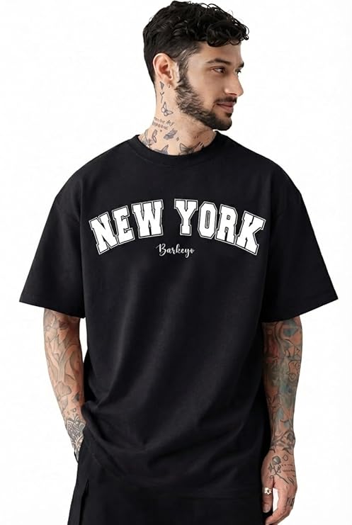 Barkeyo Oversized Drop Shoulder T-Shirt for Men | French Terry (New York-ft) Black 2