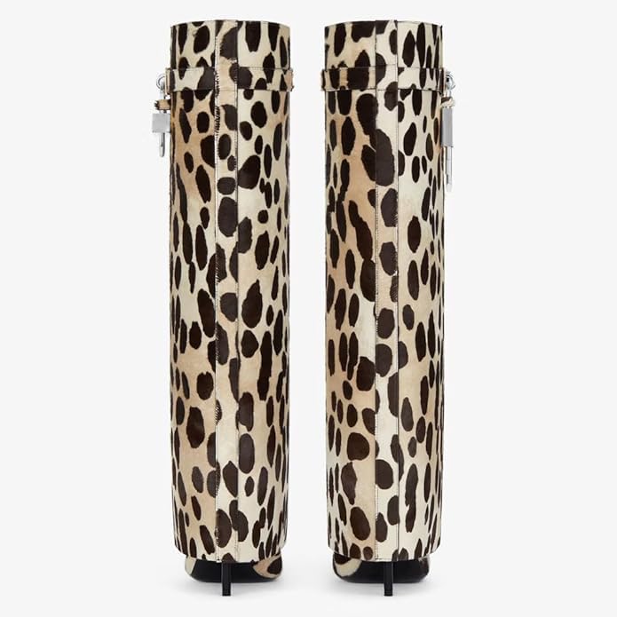 keleimusi Leopard Print Knee High Boots Women Fold Over Knee High Boots Shark Lock Stiletto boots Wide Calf Pull-on Pointed Toe Dress Long Boots for Women3