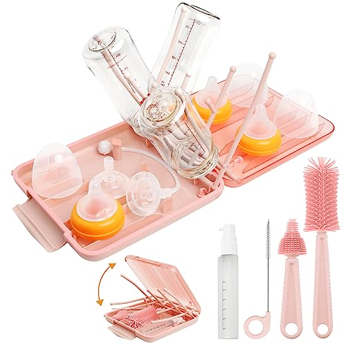Image of Maclined Travel Baby Bottle Drying Rack Set with Extendbale Protable Silicone Bottle Brush, Nipple Cleaner Brush,Straw Brush Compact Size Baby Essential for Newborn & Moms (Pink)