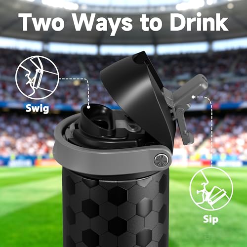 Image of 24 oz Insulated Water Bottle for Sports: Meoky Stainless Steel Soccer Water Bottle with 2-in-1 Lid - Leak Proof, Cold for 24 Hours, Fits in Car Cup Holder, Soccer Gifts for Boys Girls, Arena Night