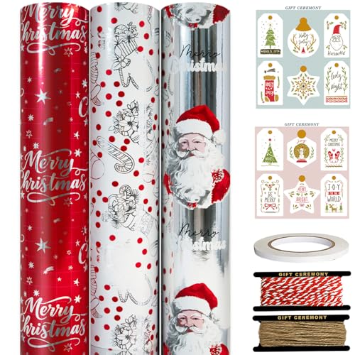HaloCasa Papier Cadeau de Noël Métallisé - Set de 3 Rouleaux (43 cm x 3 m) à Motifs de Père Noël avec Étiquettes Cadeaux et Ficelle de Jute - pour Calendrier de l'Avent et Emballages Cadeaux