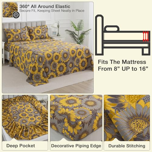 Image of Sunflower Muslin Bed Sheets Queen Size, Shabby Yellow Floral Chic Soft Farmhouse Sheet Set, Neutral Luxury Cottage Bedding, Grey Flower Deep Pocket Fitted Sheet, 100% Washed Cotton, 4Pcs