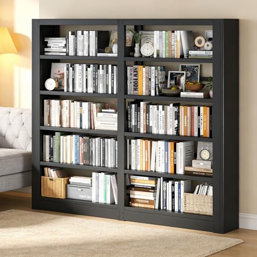 Image of Heavy Duty Metal Bookshelf, 5-Tier Industrial Bookcase with Adjustable Shelves, Large Storage Bookshelf for Living Room, Office, Library, 69 inch H x 69.3 inch W, Black
