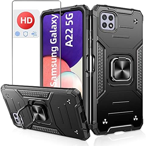 Samsung A22 5G Case with Screen Protector,Jshru Military-Grade Drop Protection for Women & Men,with Ring Kickstand,Shockproof Bumper Case for Samsung Galaxy A22 5G,Black Cover