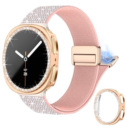 wipalor Bling Nylon Band with Case for Samsung Galaxy Watch 8 Band 40mm with Bling Protective Cover Case for Women, Sport Magnetic Dressy Samsung Galaxy Watch 8 Bands 40mm for Women-Pink